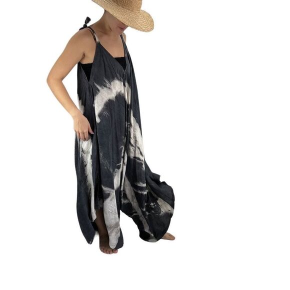 Pōʻalima Charcoal Gray Ivory Tropical Boho Wide Leg Beach Romper - Picture 10 of 16